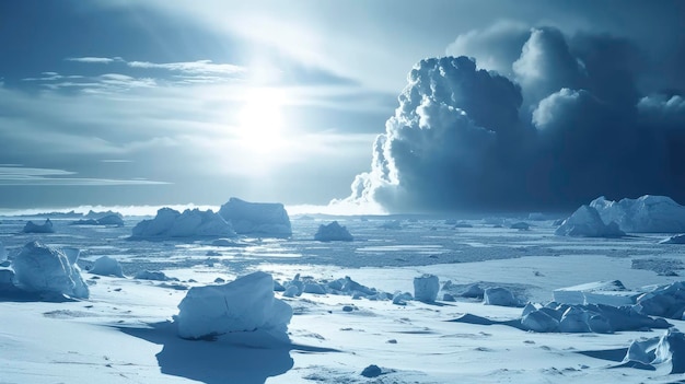 Grande explosão no deserto gelado com paisagem de neve glacial