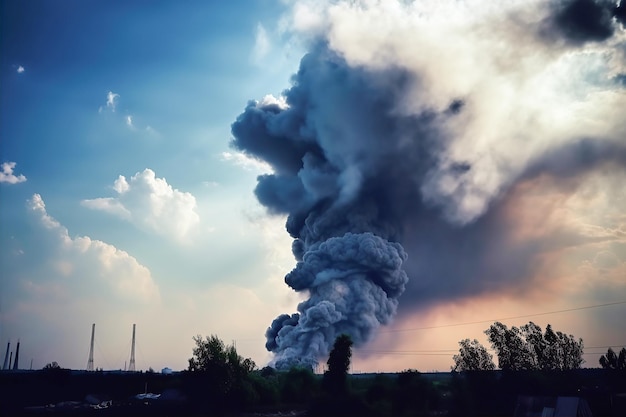 Grande fábrica com enormes nuvens de fumaça suja generativa ai
