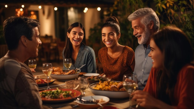 Grande família intercultural durante jantar ao ar livre