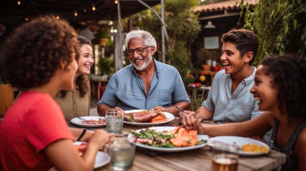 Foto grande família intercultural durante jantar ao ar livre