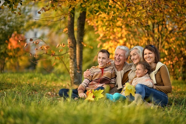 Grande família no piquenique ao ar livre no outono