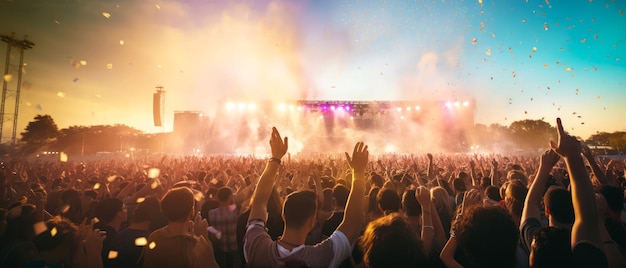 Grande festival de concertos de música ao ar livre com multidão animada Cena com holofotes coloridos