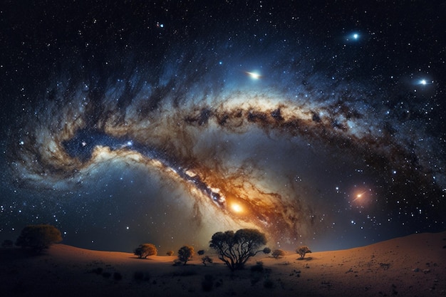 Grande galáxia espiral com uma árvore no primeiro plano generativo ai