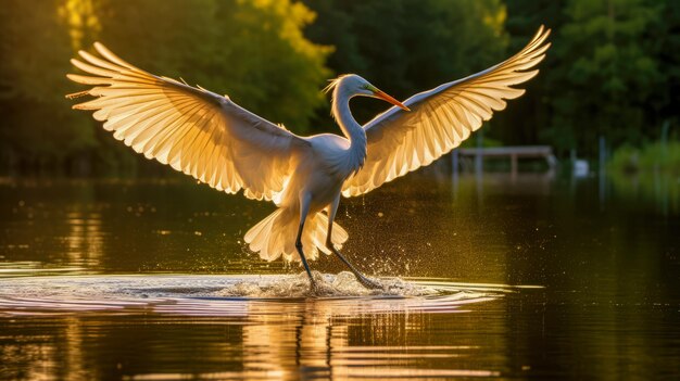 Grande garça branca Ardea alba em voo IA generativa