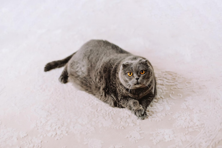 Grande gato preguiçoso britânico velho e gordo O gatinho está deprimido e triste não quer comer sua comida
