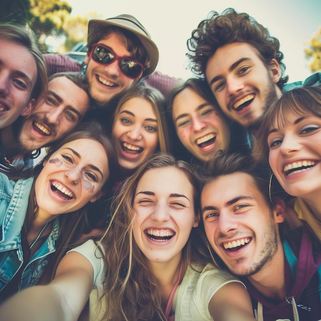 Grande grupo de amigos tirando selfie sorrindo para a câmera Jovens rindo comemorando de pé lá fora e se divertindo Fotografia de retratos de adolescentes meninos e meninas desfrutando de férias