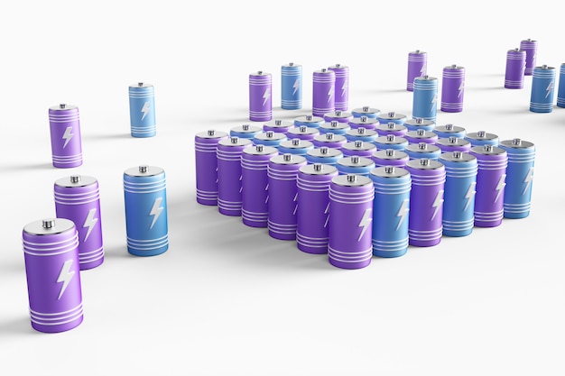 Foto grande grupo de baterias em um fundo branco. ilustração 3d render.