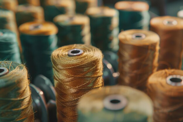 Foto grande grupo de cones de fios de bobina em uma máquina de deformação em uma fábrica têxtil