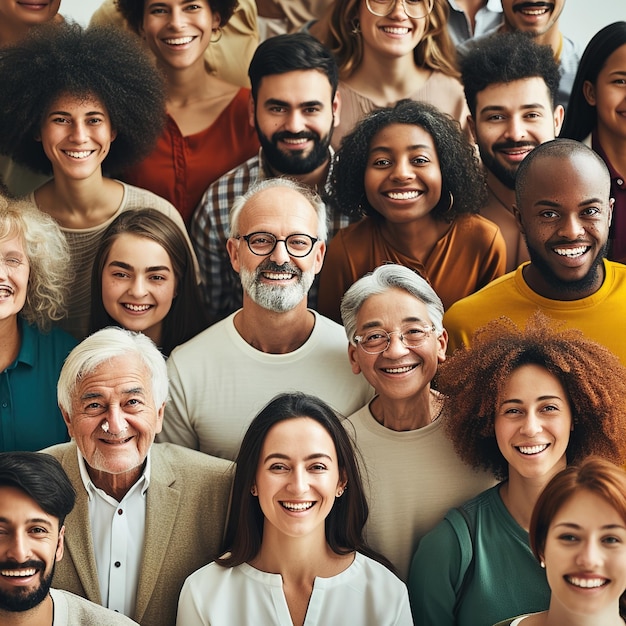 Grande grupo de pessoas multiétnicas e multigeracionais felizes