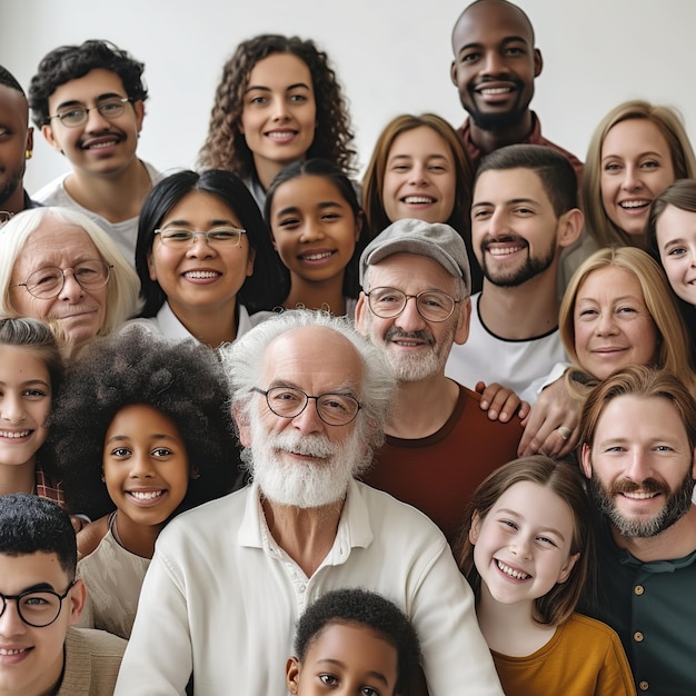 Grande grupo de pessoas multiétnicas e multigeracionais felizes