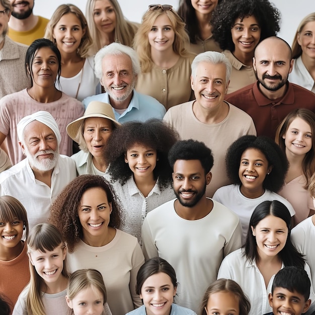 Grande grupo de pessoas multiétnicas e multigeracionais felizes