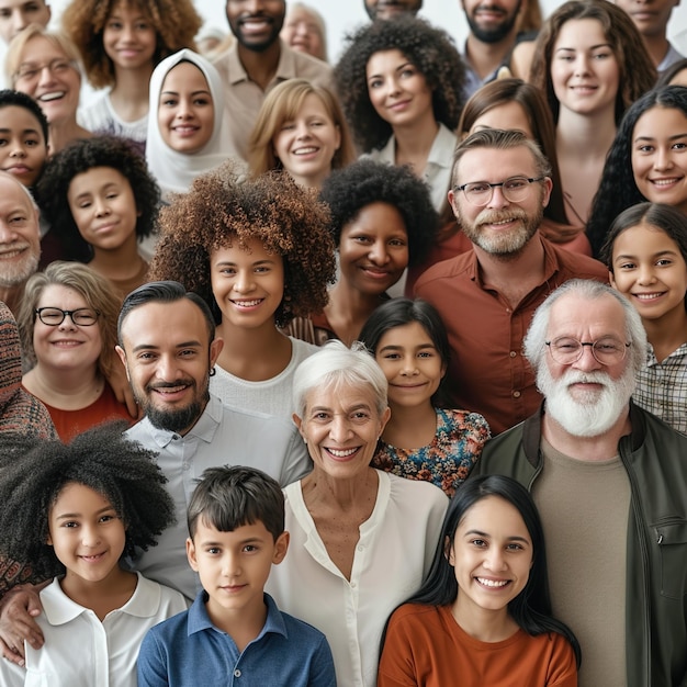 Grande grupo de pessoas multiétnicas e multigeracionais felizes