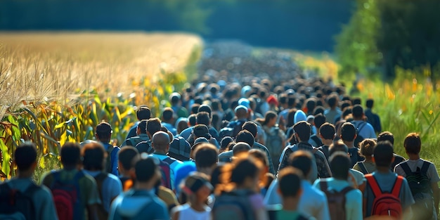 Foto grande grupo de refugiados de guerra caminhando por um campo de milho enquanto imigravam conceito refugiados de guerra imigração de campo de milho grande grupo crise humanitária