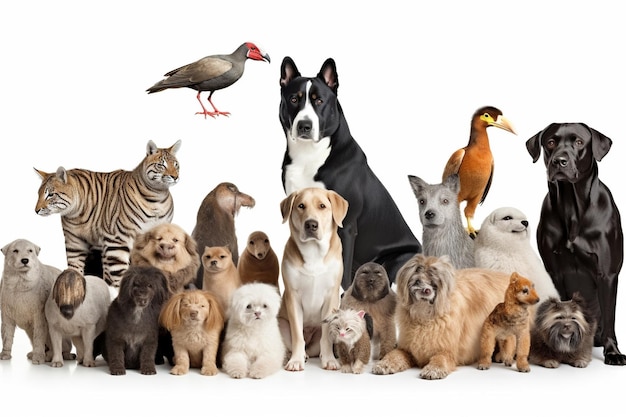 Grande grupo de todos os animais juntos em fundo branco