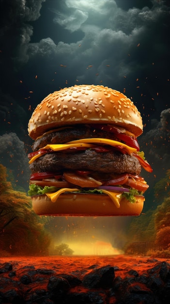 Grande hambúrguer com ingredientes voadores renderização 3D imagem tonada