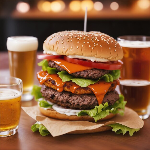 Grande hambúrguer saboroso na mesa do bar com um copo de cerveja