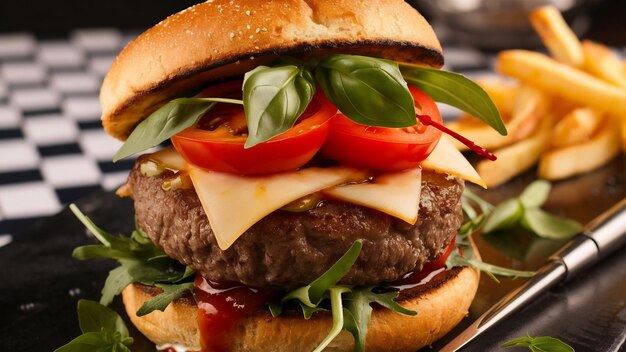 Grande hambúrguer sanduíche com carne de vaca, tomate, queijo de manjericão e rúcula