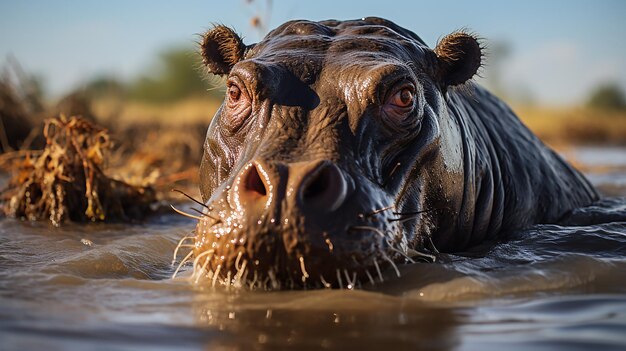 Grande hipopótamo chafurdando na água