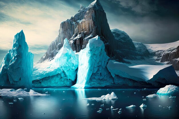 Grande iceberg flutuante afiado contra o pano de fundo da borda rochosa e mar calmo e tranquilo