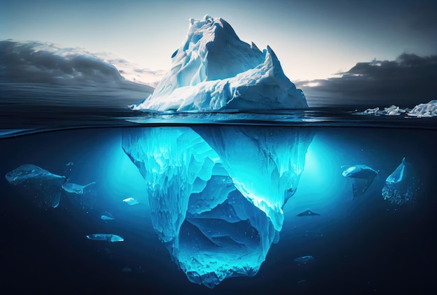 Foto grande iceberg sobre o fundo azul da superfície do mar conceito de metáfora de paisagem e negócios tema de ilustração de arte digital generative ai