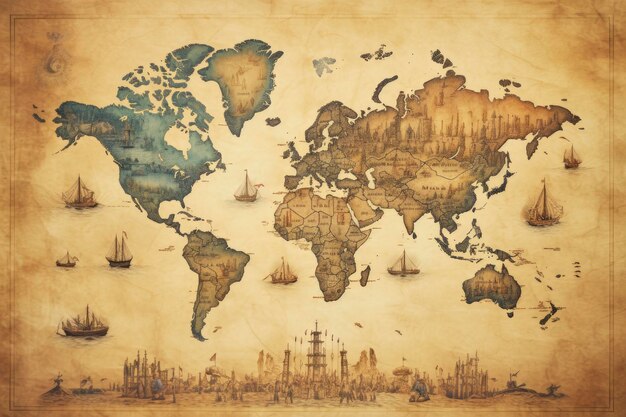 Foto grande ilustração detalhada do mapa mundial em estilo vintage