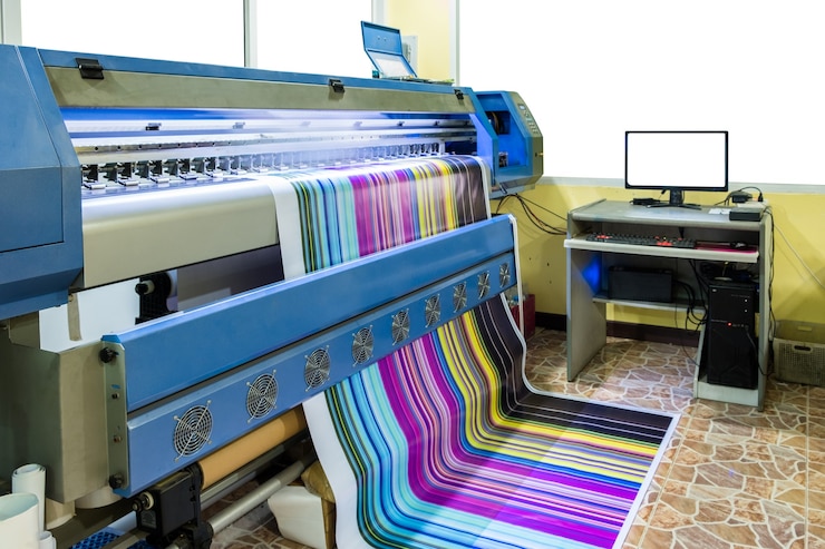 Foto grande impressora jato de tinta multicolor cmyk trabalhando em banner de vinil com controle de computador