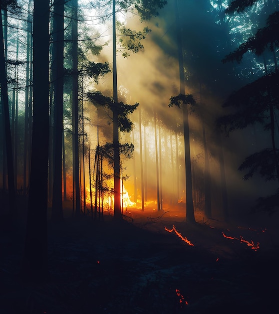Grande incêndio florestal na ilustração de IA generativa de verão