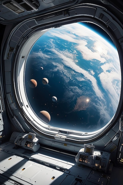 Grande janela do ônibus espacial com vista para outros planetas