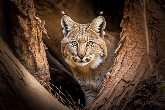 Foto grande lince marrom cinza espreitando por trás da árvore generativa ai