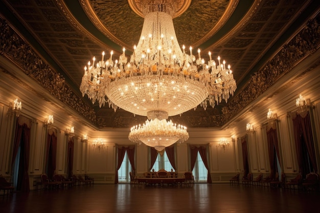 Grande lustre iluminando um elegante salão de baile criado com ai gerativa