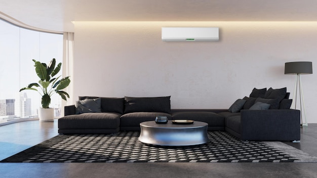 Grande luxo interiores modernos brilhantes sala de estar com ar condicionado maquete ilustração renderização 3d