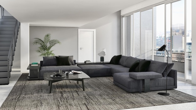 Grande luxo moderno apartamento de interiores brilhantes Ilustração de sala de estar 3D renderização imagem gerada por computador