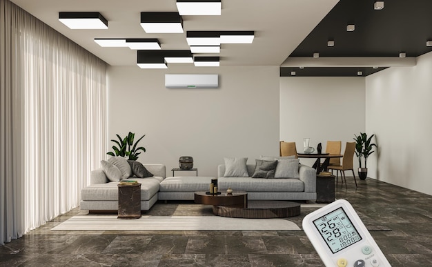 Grande luxo moderno interior brilhante sala de estar com ilustração de maquete de ar condicionado renderização em 3D