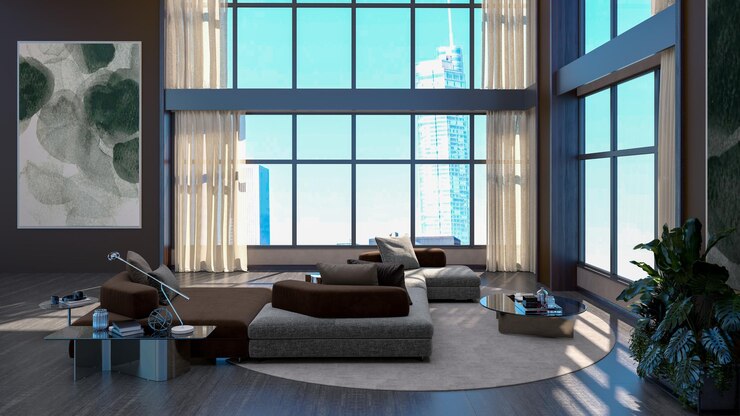 Foto grande luxo moderno interiores brilhantes sala de estar maquete ilustração 3d renderização imagem gerada digitalmente por computador
