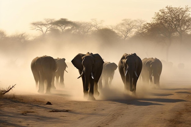 grande manada de elefantes caminhando na poeira em savuti, em botswana