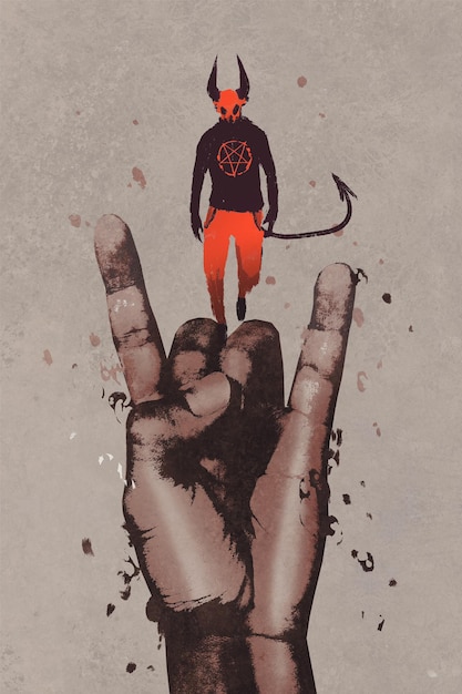 grande mão em chifres de diabo sinal com diabo, satanás, ilustração, pintura