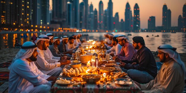 grande mesa ao ar livre do Ramadã e muitas pessoas dos Emirados sentadas homens muçulmanos se preparam para quebrar o jejum