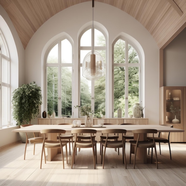 Grande mesa de jantar de madeira e cadeiras em uma sala com teto arqueado e janelas interior escandinavo