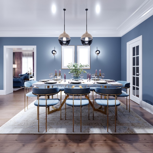 Grande mesa de jantar e sala de jantar, com cozinha em design moderno e elegante, móveis de madeira, interior em marrom e azul. renderização 3D.