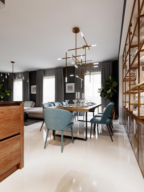 Grande mesa de jantar moderna em estilo moderno, área de jantar em um estúdio. Tampo de mesa de madeira, cadeiras de tecido azul. renderização 3D.