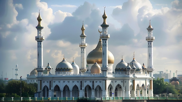 Grande mesquita branca e dourada em uma margem do rio em uma cidade