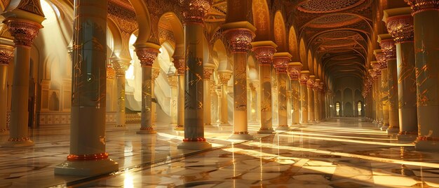 Foto grande mesquita com colunas douradas e salões vazios assolados ia gerativa