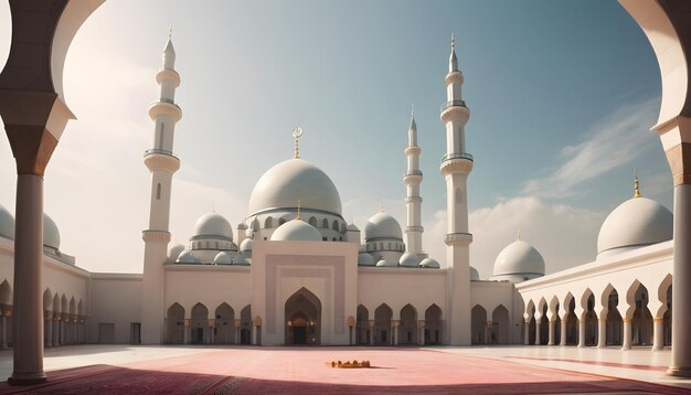 Grande mesquita com tapete vermelho e belo céu