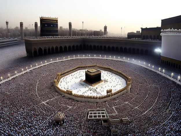 Grande Mesquita em Meca com Kaaba e peregrinos muçulmanos