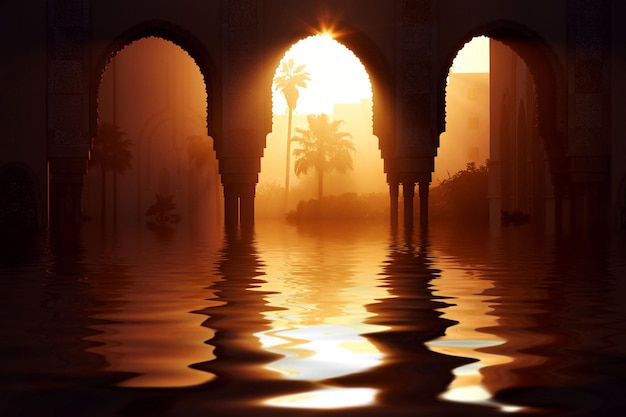 Foto grande mesquita hassan 2 ao pôr do sol em casablanca na água, marrocos. belos arcos da mesquita árabe ao pôr do sol, raios de sol