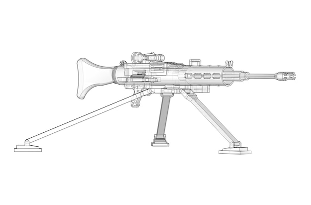 Foto grande metralhadora em um tripé com uma munição completa de cassete em um fundo branco. ilustração esquemática de armas em linhas de contorno com corpo translúcido. ilustração 3d.