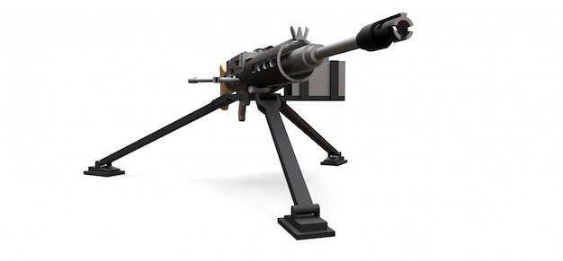 Grande metralhadora em um tripé com uma munição de cassete cheia em um fundo branco. Ilustração 3D.