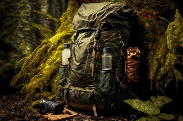 Grande mochila de viagem montada com roupas essenciais para caminhadas em florestas ou montanhas