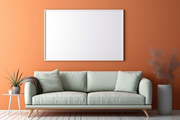 grande moldura em branco para maquete com sofá fotografia de publicidade profissional gerada por IA