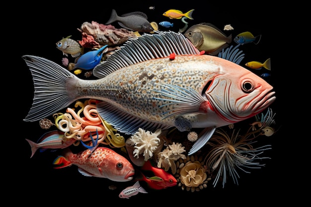Foto grande montagem de peixes tropicais coloridos e objetos marinhos